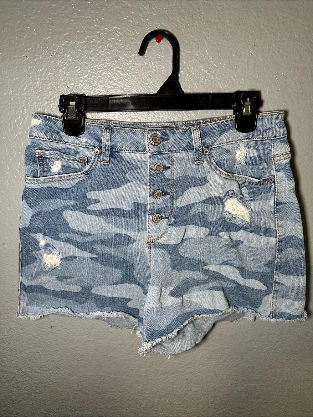 Distressed Blue Camo Denim Shorts - Women